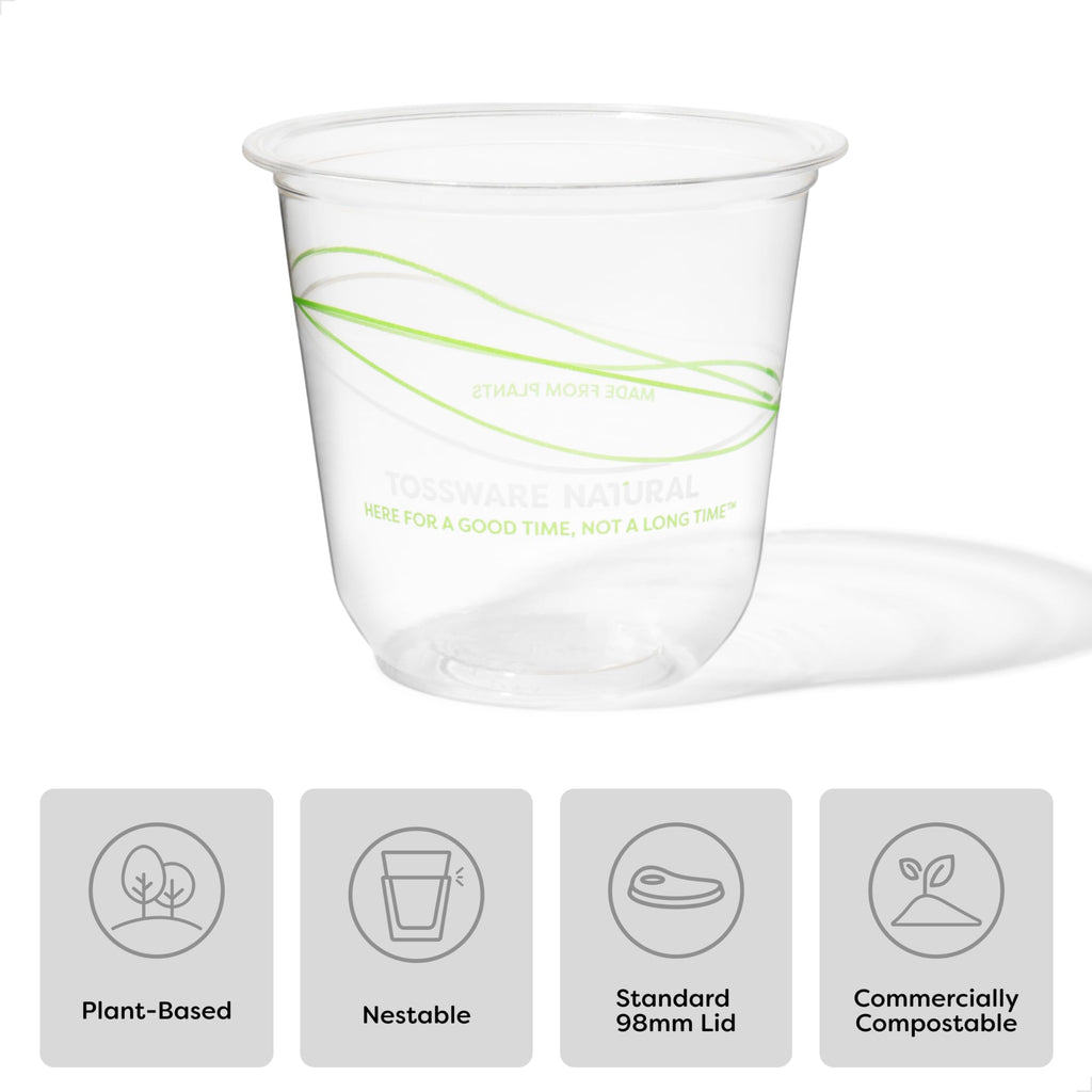 TOSSWARE NATURAL 12oz Arc - Plant Based 98mm Clear Cold Cups - Plastic Alternative for Parties, Bachelorettes, Weddings - Recyclable - Set of 100