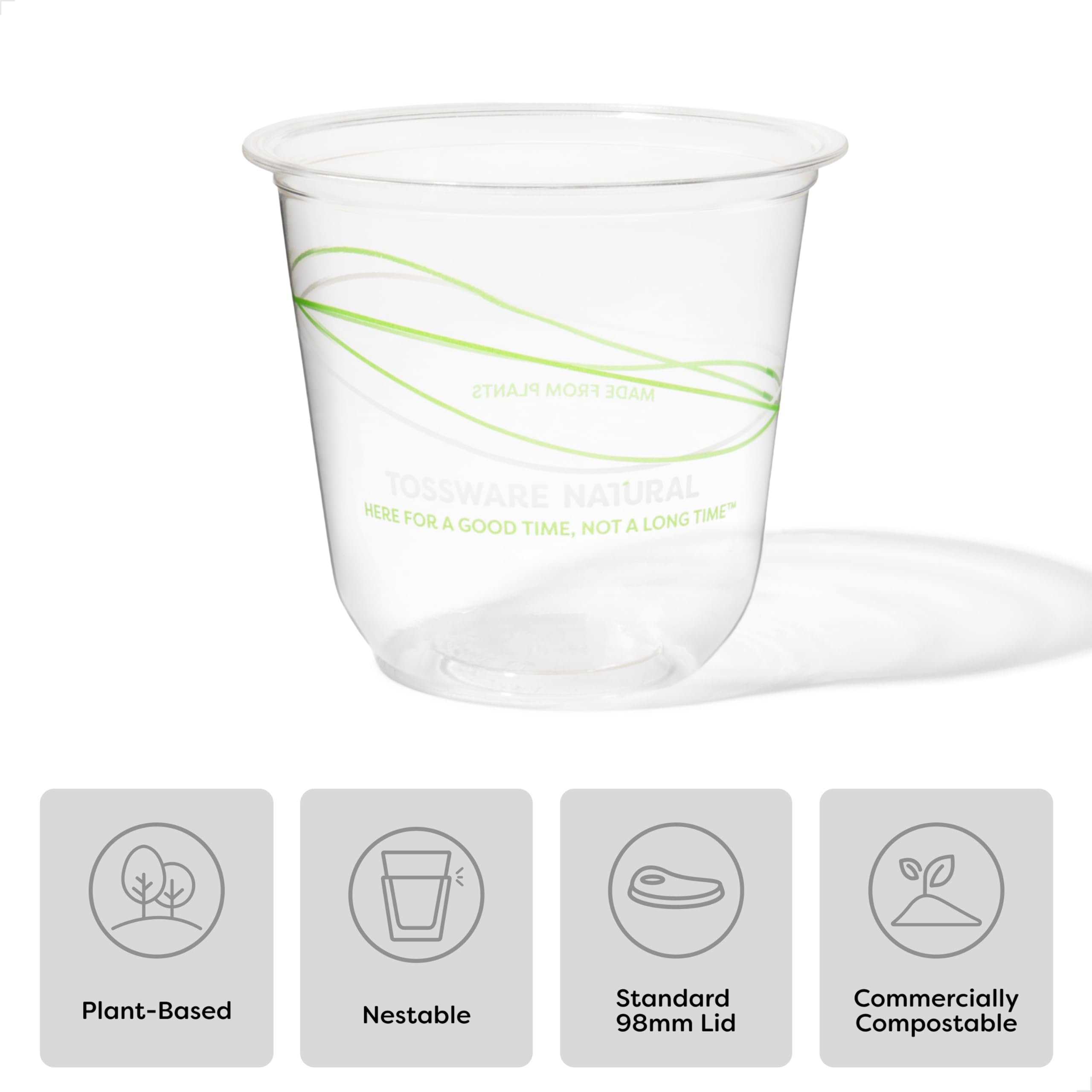 TOSSWARE NATURAL 12oz Arc - Plant Based 98mm Clear Cold Cups - Plastic Alternative for Parties, Bachelorettes, Weddings - Recyclable - Set of 100