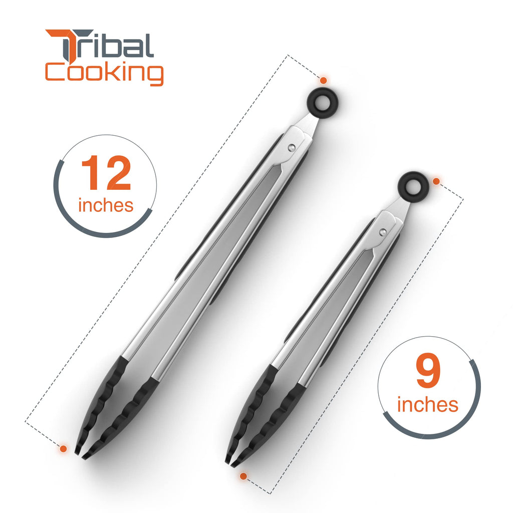 Tribal Cooking Kitchen Tongs with Silicone Tips - Stainless Steel tongs for cooking - 9" and 12" Tongs With Silicone Rubber Non Slip Grips, Heat Resistant Metal Tongs.