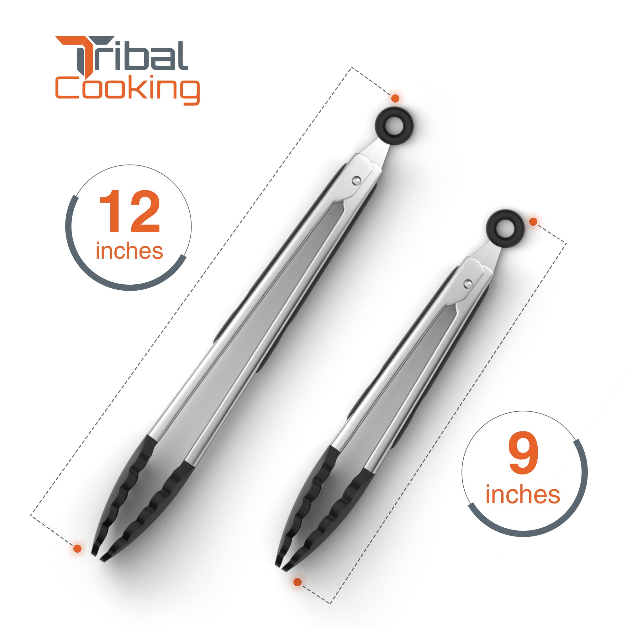Tribal Cooking Kitchen Tongs with Silicone Tips - Stainless Steel tongs for cooking - 9" and 12" Tongs With Silicone Rubber Non Slip Grips, Heat Resistant Metal Tongs.