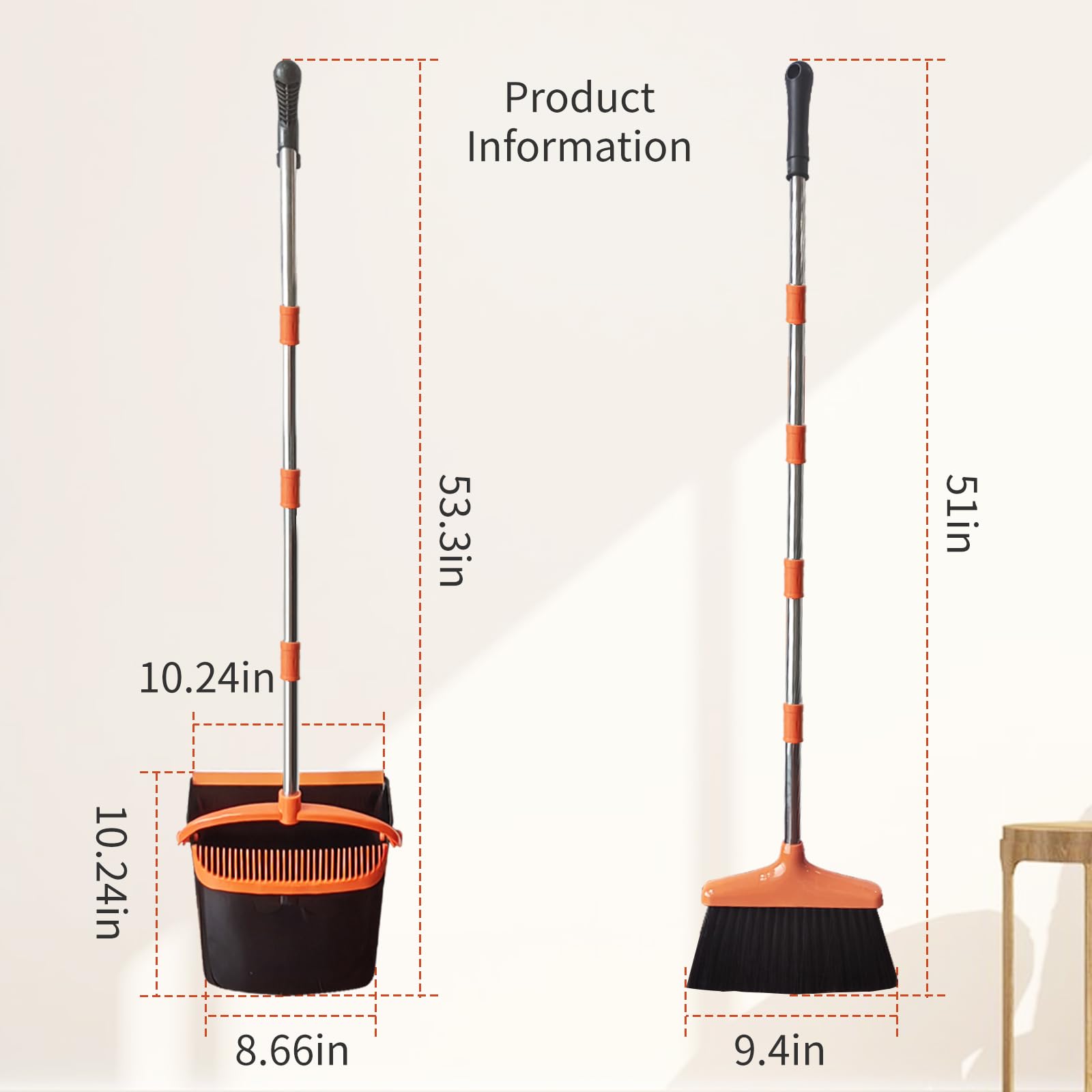 Broom with Dustpan Combo Set 54” Long Handle Household Dust Pan for Home Office Kitchen Cleaning （Black & Grey）