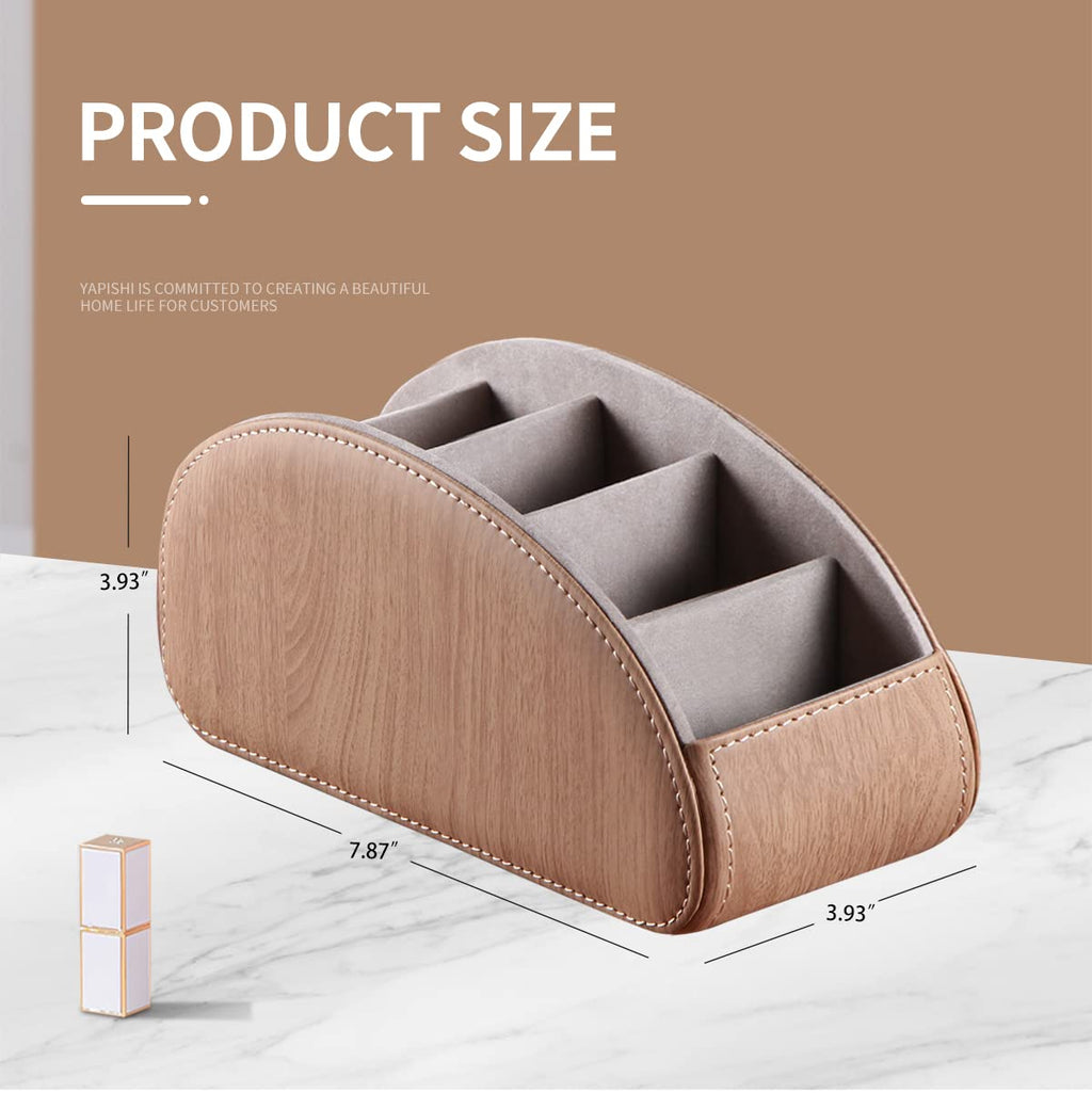 YAPISHI All-in-One Leather Brown TV Remote Holder with 5 Compartments Nightstand Desktop Media Player Remote Caddy Storage Box Organizer Tray for Mobile Office Phone Controller
