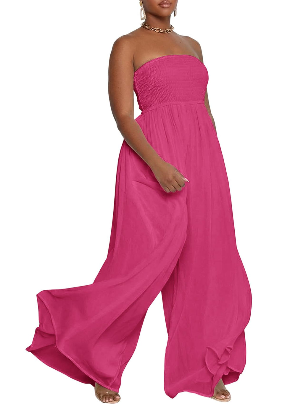 Ophestin Women's Strapless Tube Wide Leg Jumpsuits Smocked Women Jumpsuits Dressy Casual Flowy One Piece Jumpsuits Rompers
