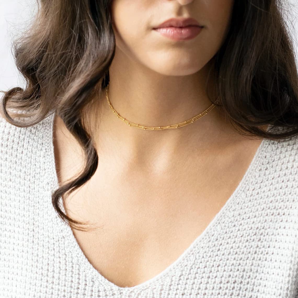 BERISO 14K Gold/Silver Plated Choker Necklace for Women Shining Dots Station Gold Chain Necklace Beads Sparkle Chain Necklace Link Chain Exquisite Jewelry for women