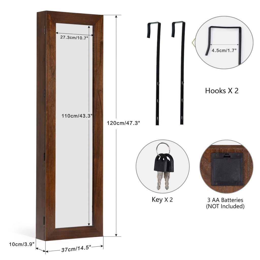SRIWATANA Jewelry Armoire Cabinet, Solid Wood Standing Jewelry Organizer with Full Length Mirror (Carbonized Black)