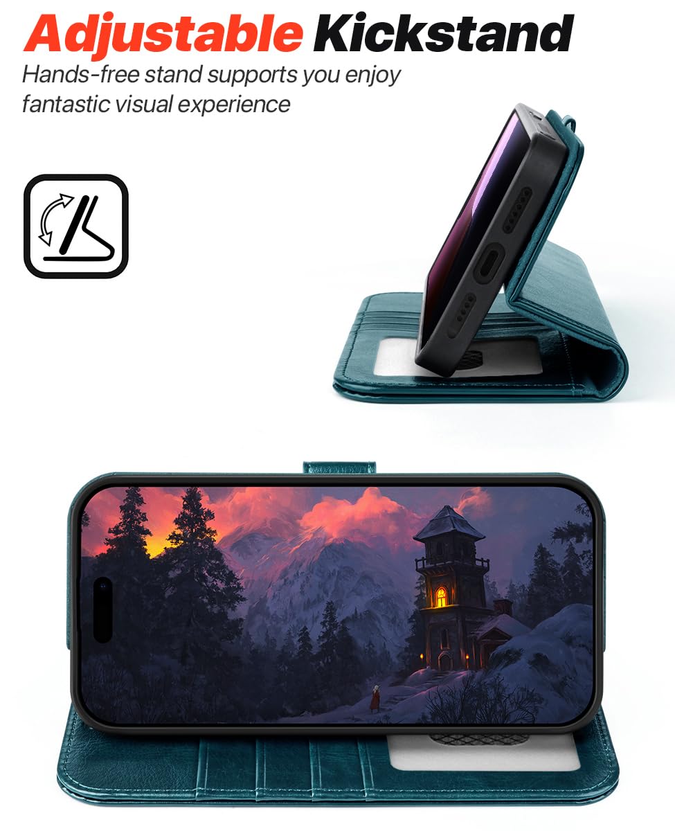 OCASE for iPhone 16 Case Detachable Wallet Case with Card Holder, 2 in 1 Pu Leather Flip Folio with RFID Blocking Stand Wrist Strap Shockproof Phone Cover 6.1 Inch 2024, Black