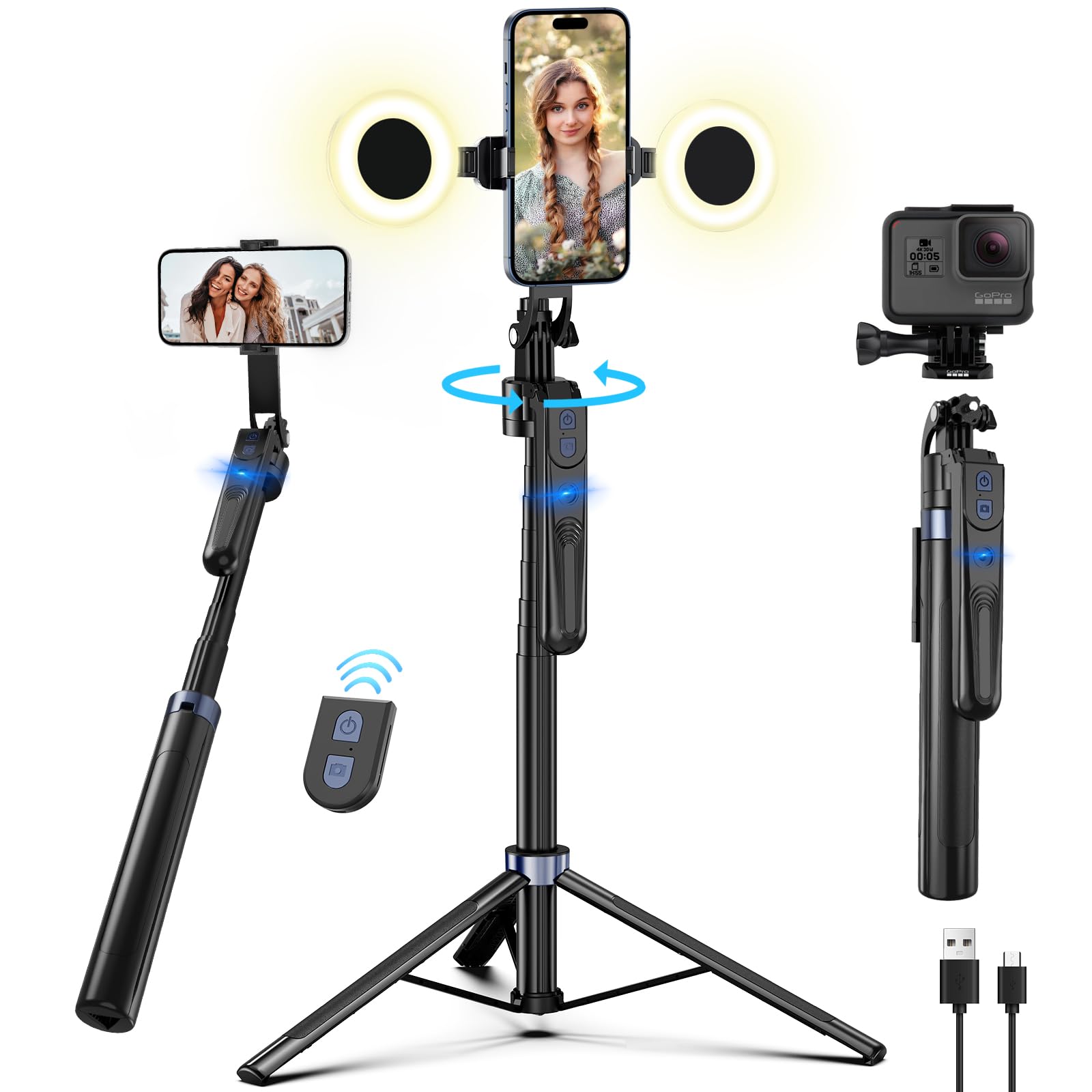 Auto Face Tracking Tripod 360 Rotation with Stand,Android and iPhone Tripod Holder with Remote and Gesture Control, No App,Built-in Tracking Camera Selfie Stick for Vlog Video Recording Tiktok