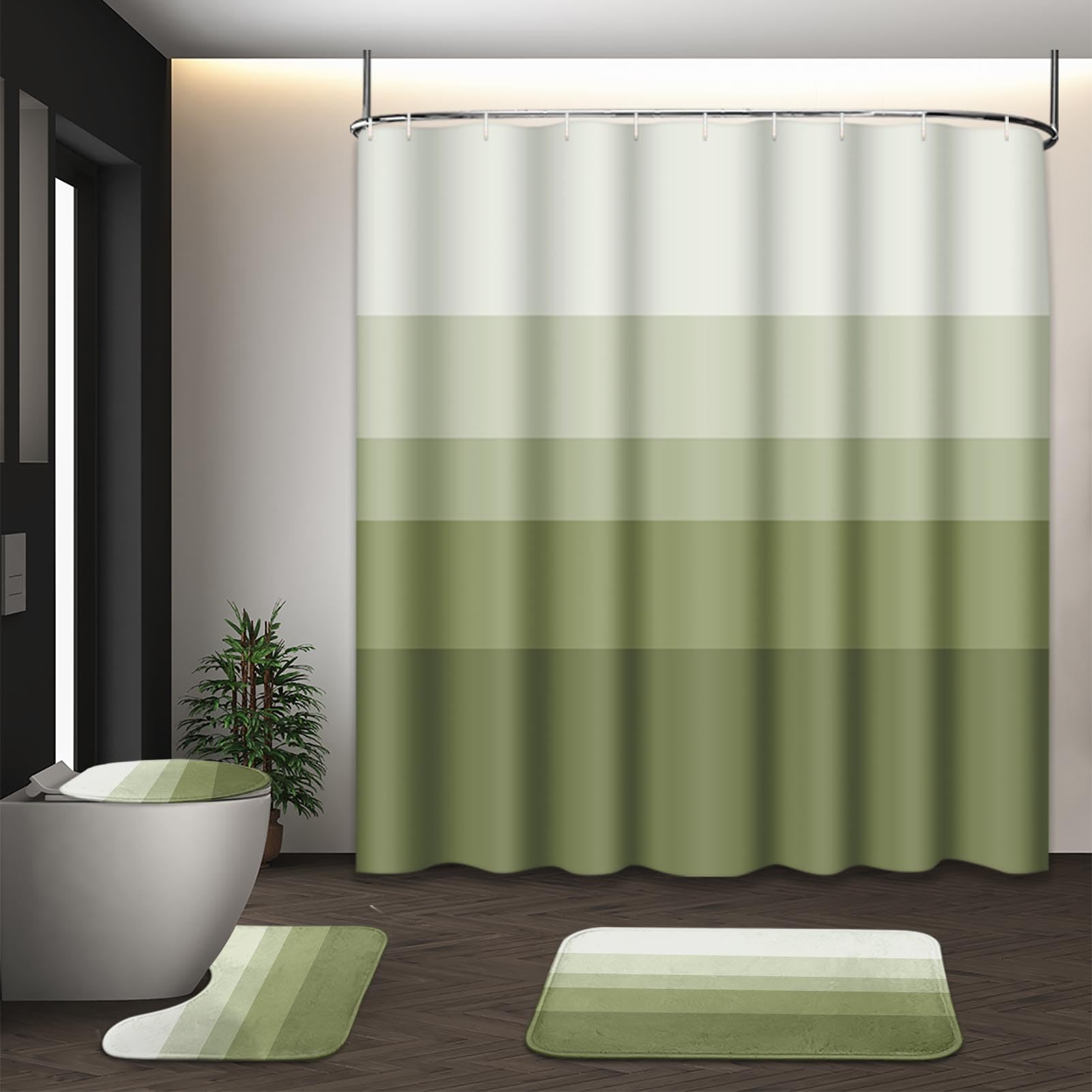 Beige Geometric Shower Curtain Set with Toilet Lid Cover and Non-Slip Rugs for Bathroom, Black Grey White Checkered 4 Pcs Shower Curtain, Modern Abstract Bathroom Set with 12 Hooks