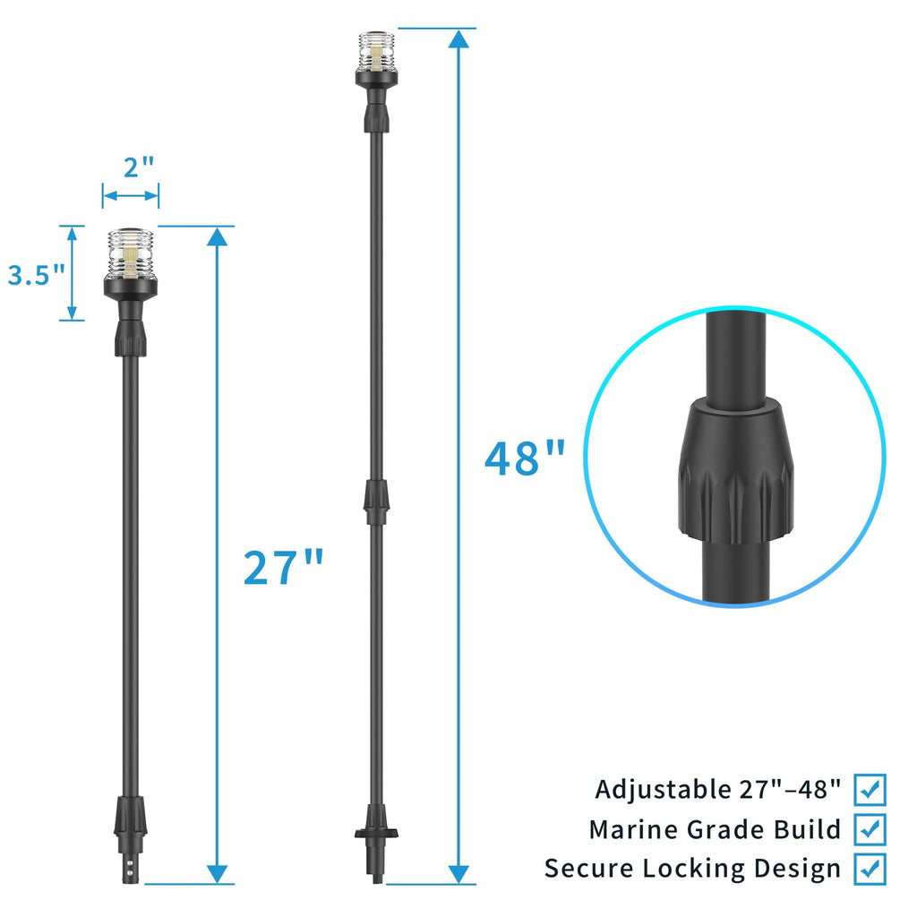 Obcursco Boat Stern Lights, Telescoping Pole 27"-48" LED Anchor Light with Base, 12V Adjustable 3NM 360° Navigation Lighting for Pontoon, Yacht, Bass, and Fishing Boats (27"-48", Black)