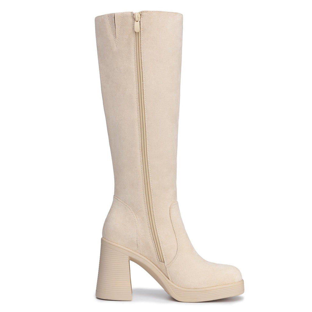 Athlefit Black Knee High Boots for Women Platform Tall Boots Fashion Square Toe Chunky Heeled Booties