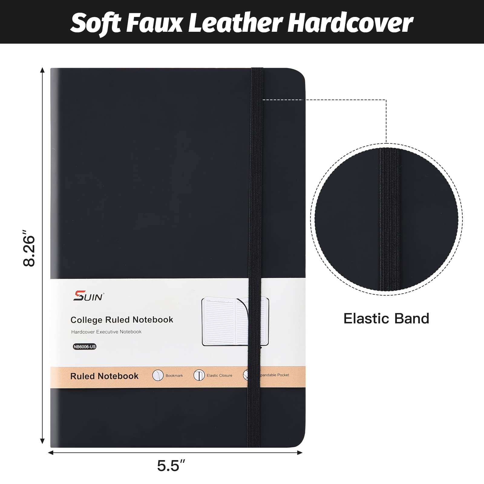 SUIN Hardcover-Journal-Notebooks, A5 Lined Journals Notebook for Writing 200 Pages, 8.2 x 5.5 inch, Classic Ruled Notebooks for Work/Travel/College (Black - 6 Pack)