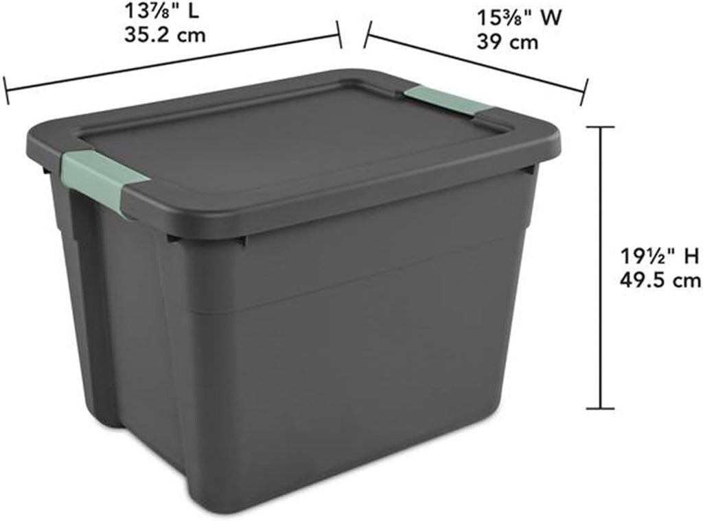 Sterilite 6-Pack Latch Tote, Stackable Plastic Storage Container Bins with Lids, 12 Gallon, Gray/Green - Latching Boxes for Bedroom, Bathroom, Garage, and Office Organization
