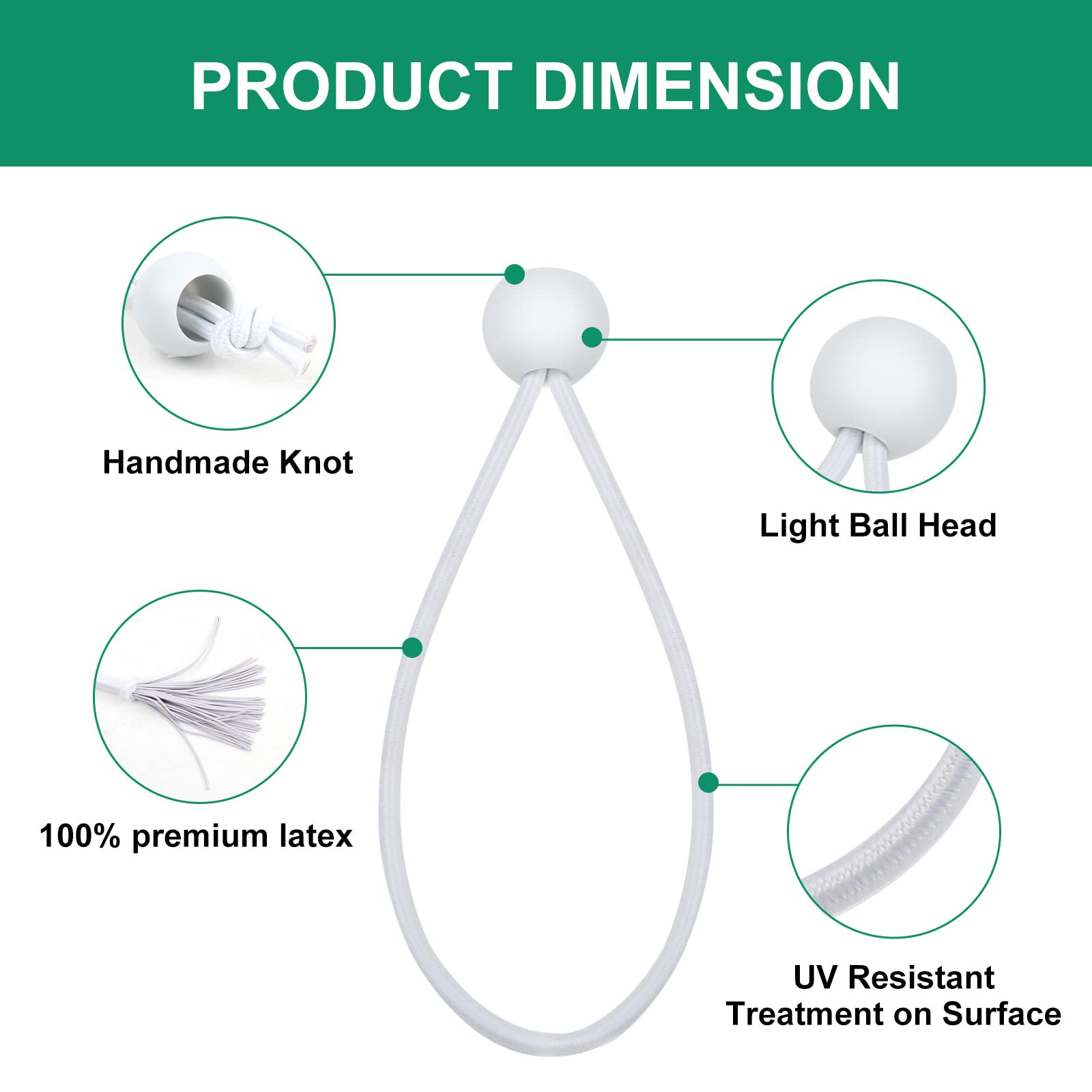 50PCS Mini White Ball Bungee Cords, 4 Inch Heavy Duty Outdoor Bungee Cord with Balls, Tarp Tie Down Bungee Balls for Shelter, Camping, Cargo,Tent Poles UV Resistant（Ball Size 1 inch）