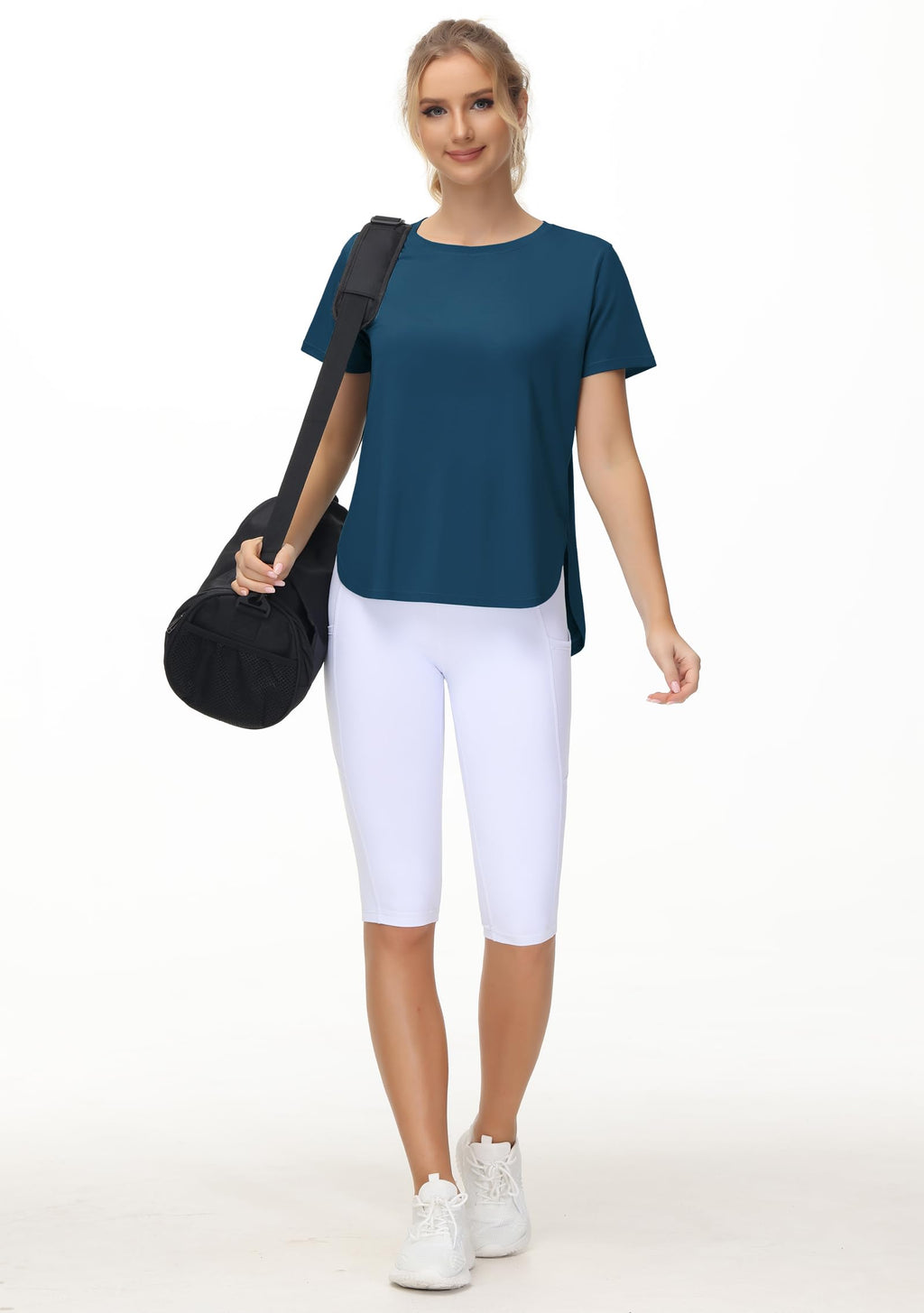 THE GYM PEOPLE Women's Workout T-Shirts Loose Fit Short Sleeve Cotton Running Basic Tee Tops with Split Hem