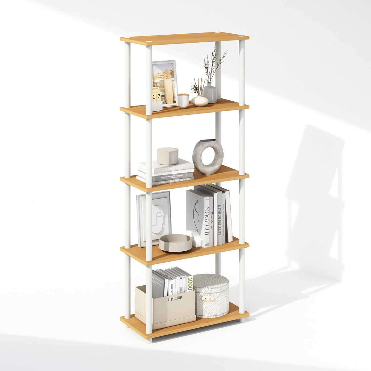 Furinno Turn-N-Tube Book Shelf, 4-Tier Bookshelf, Bookcase with Multipurpose Compact Display Rack, 11.6 x 23.6 x 43.2, for Living Room, Bedroom, Home Office, Americano/Black