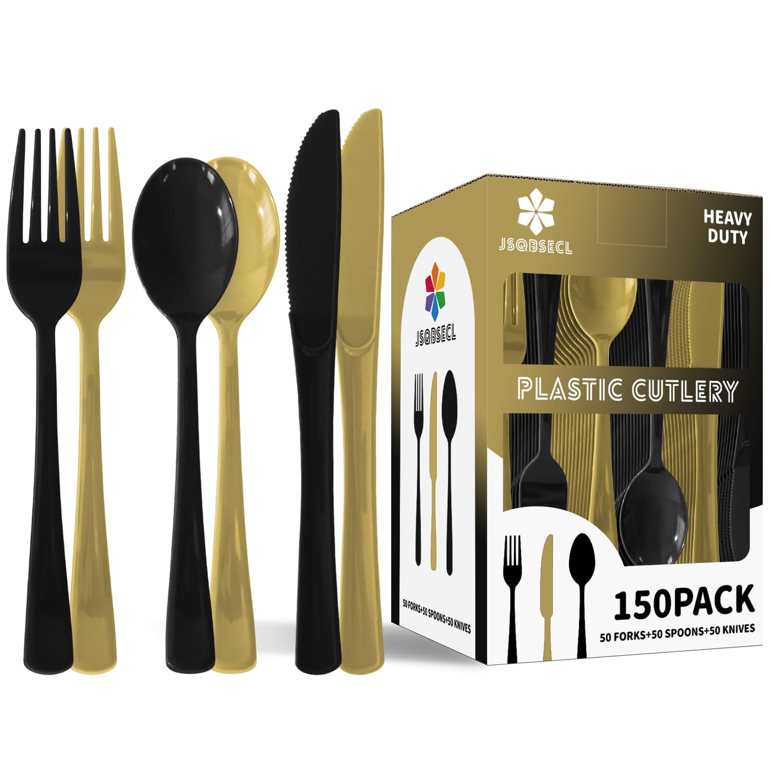 150 Pack Plastic Silverware,Disposable Cutlery Set Heavy Duty Utensil Sets 50 Forks 50 Knives 50 Spoons for Brithday, Wedding,Home School Party Picnics Restaurant Outdoor Events (Black)