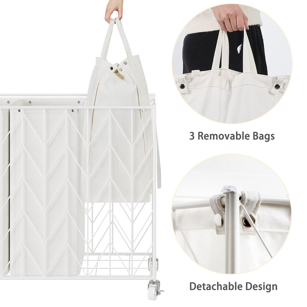 WOWLIVE Laundry Basket with Wheels, Heavy Duty Laundry Hamper with Wood Lid, Clothes Hamper with Divided Removable Liner Bag, Large Capacity Iron-Made Laundry Sorter Laundry Room Organization (Beige)
