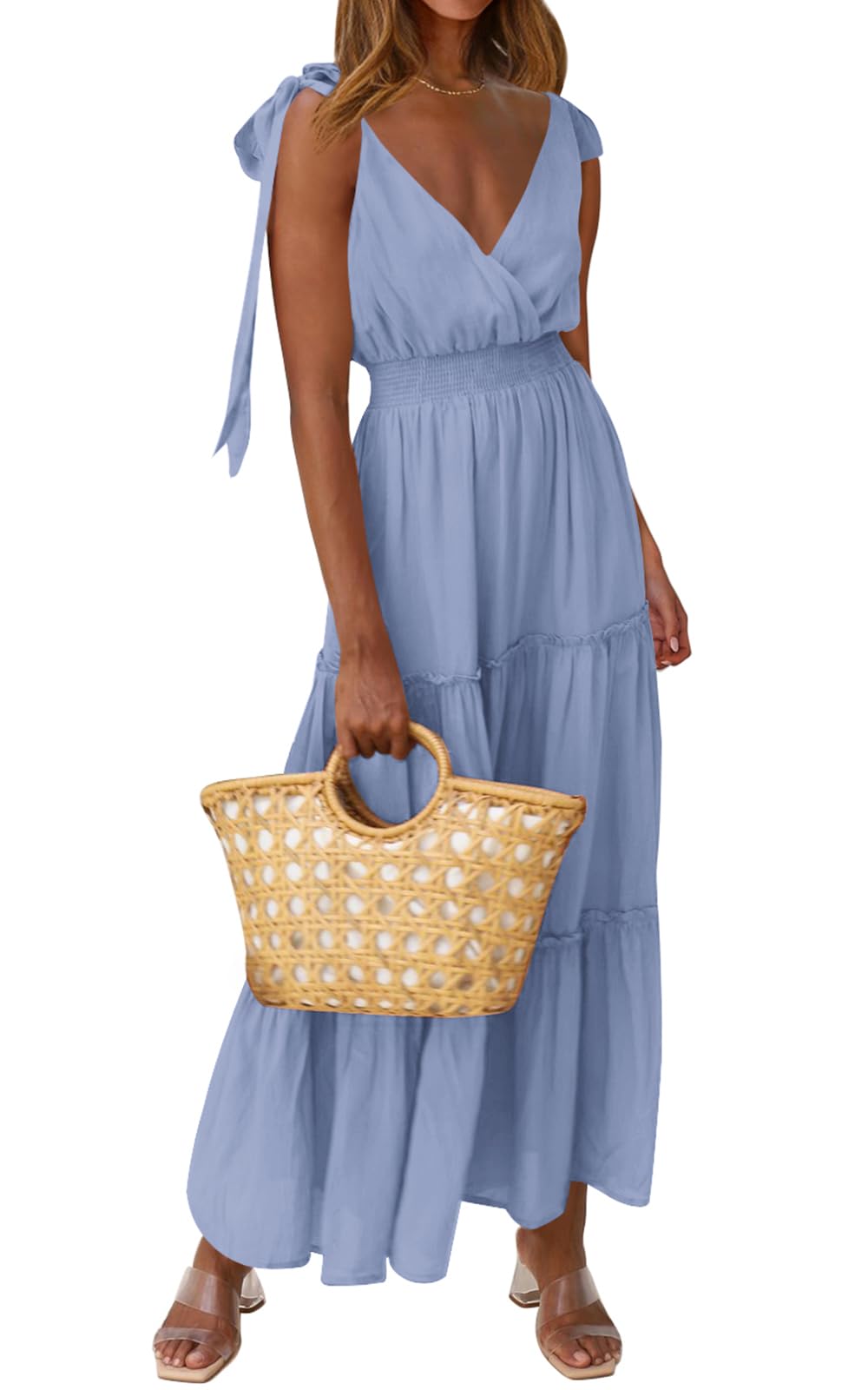 PRETTYGARDEN Women's Cross Neck Summer Sleeveless Tiered Maxi Dress Beach Tie Strap Smocked Long Dresses Pleated Sundress