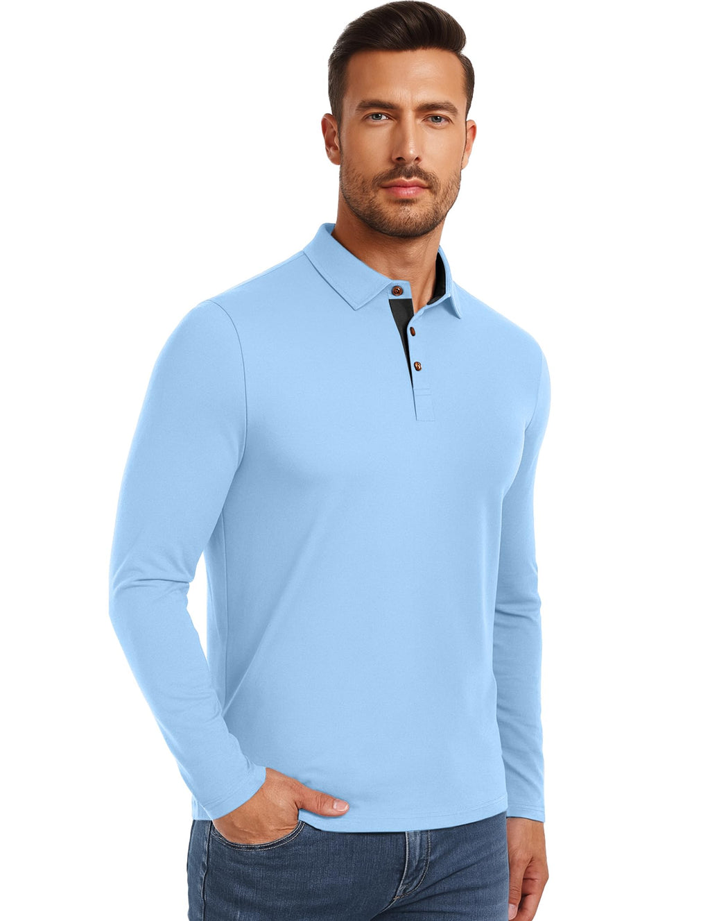 PEGENO Mens Polo Short/Long Sleeve Shirt Classic Button Basic Solid Color Designed Collared Polo Shirt Fashion Casual Shirts