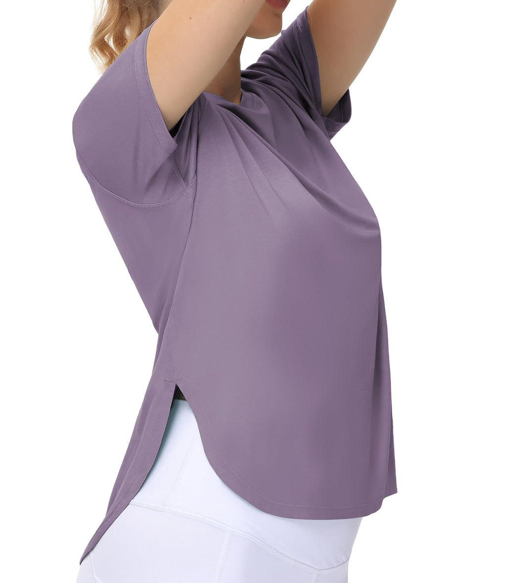 THE GYM PEOPLE Women's Workout T-Shirts Loose Fit Short Sleeve Cotton Running Basic Tee Tops with Split Hem