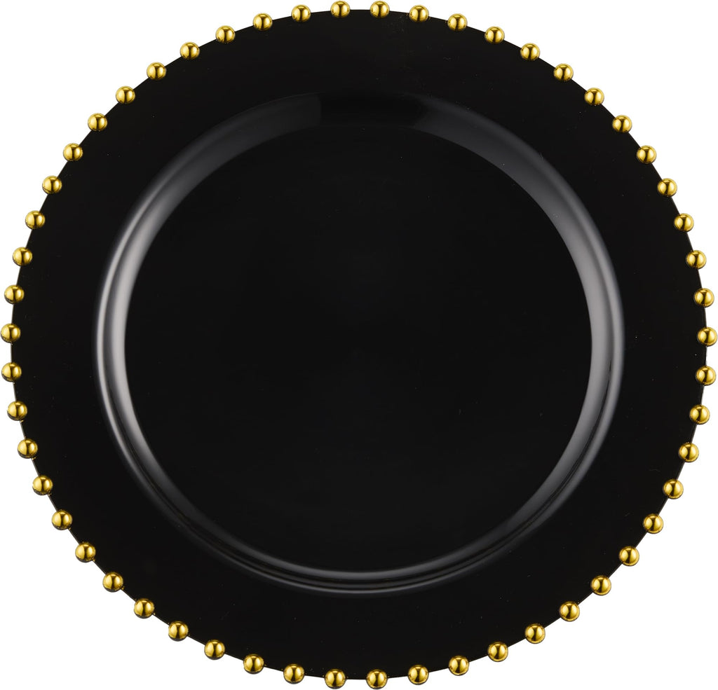 PLASTICPRO 32 Piece Combo Plastic Dinner Plates Disposable Plastic Fancy Heavy Duty Party Dishes 7 inch and 10 inch, Black and Gold Beaded