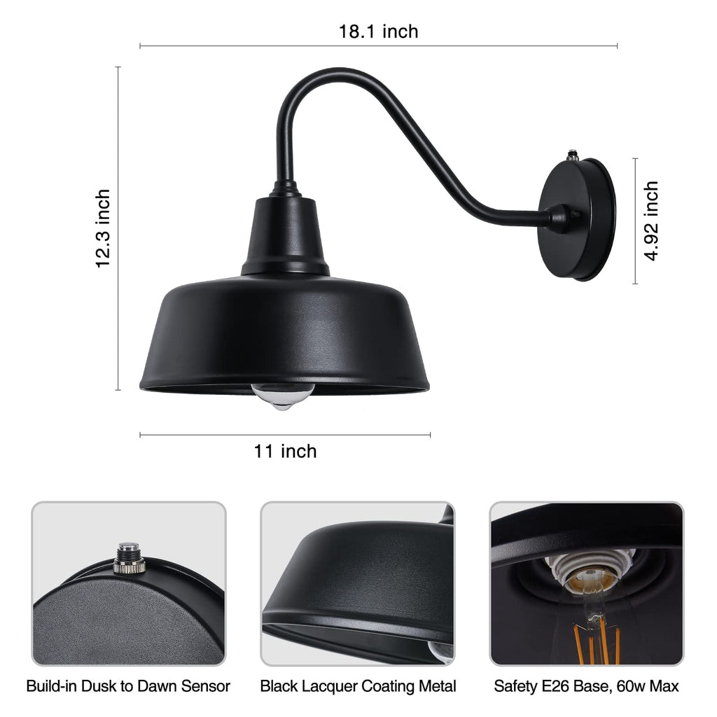 Barn Lights Outdoor Gooseneck Lighting, Dusk to Dawn Black Exterior Barn Lights for House, Farmhouse Wall Lighting Fixtures with Sensor for Porch Garage (1, 11" Diameter)