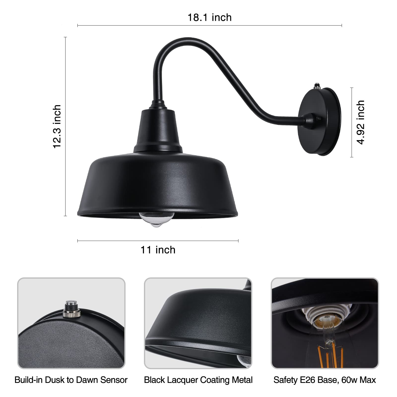 Barn Lights Outdoor Gooseneck Lighting, Dusk to Dawn Black Exterior Barn Lights for House, Farmhouse Wall Lighting Fixtures with Sensor for Porch Garage (1, 11" Diameter)