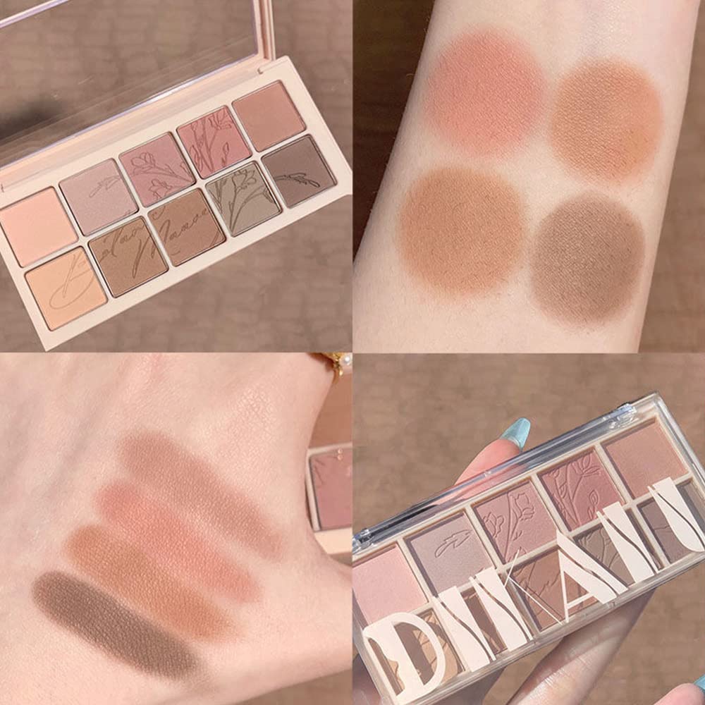 Erinde 10 Colors Eyeshadow Palette Makeup - Matte Shimmer Glitter Eye Shadow Korean Makeup, Ultra-Blendable, High Pigmented, Natural-Looking, Peach Brown Eyeshadow Pallet with Brush, Peach Color