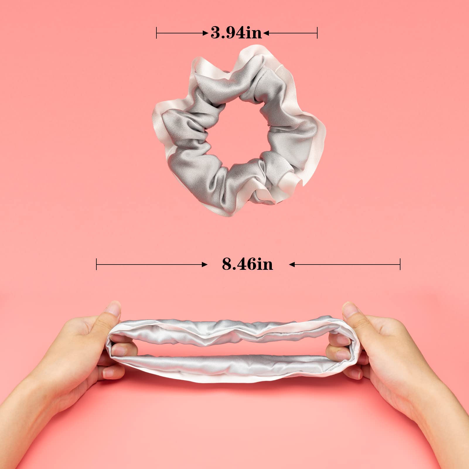 Silk Scrunchies for Hair 100% Mulberry Silk Hair Ties（Silver gray, Dark gray, Pink）
