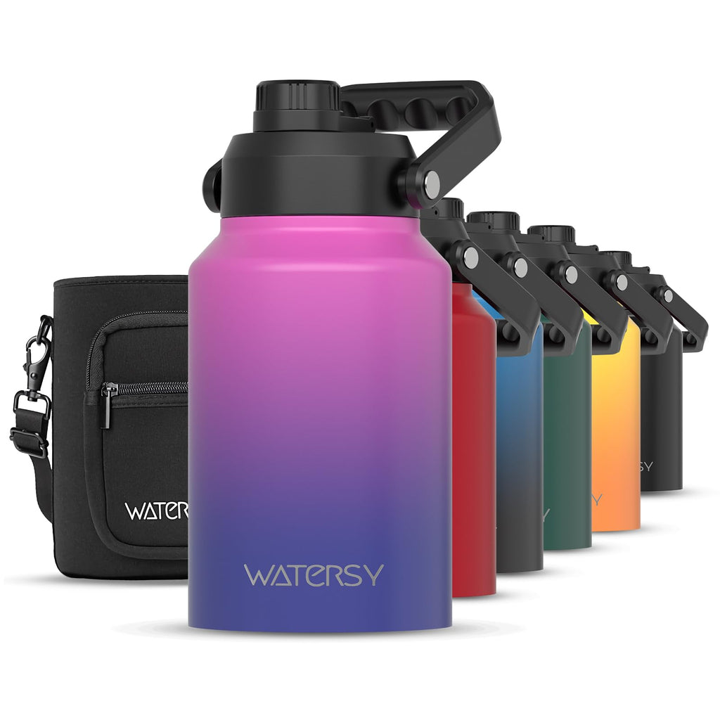 WATERSY Half Gallon Water Bottle Insulated(Cold for 48 Hrs),BPA Free&Leak Proof,64oz Stainless Steel Water Jug/Flask,Big thermo,Large Water Bottle with Handle for Gym,Hiking,Camping,Black