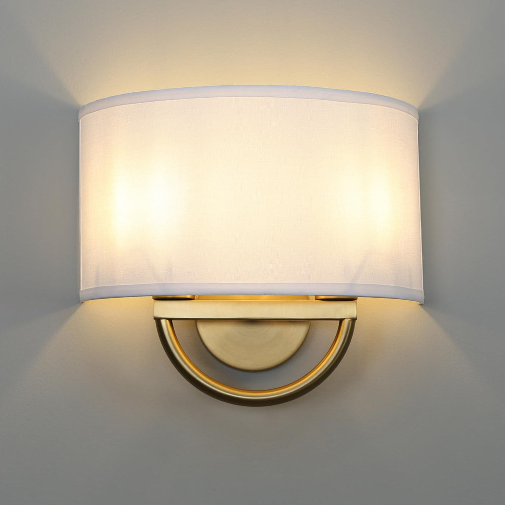 Yosoan White Fabric Cloth Boho Aged Brass Gold Wall Sconce Stairwell Fixture Light, 2-Light Dual Indoor Hardwired Vanity Vintage Wall Mount Lamp Antique Metal Base Semicircle Shade Lamp for Hallway