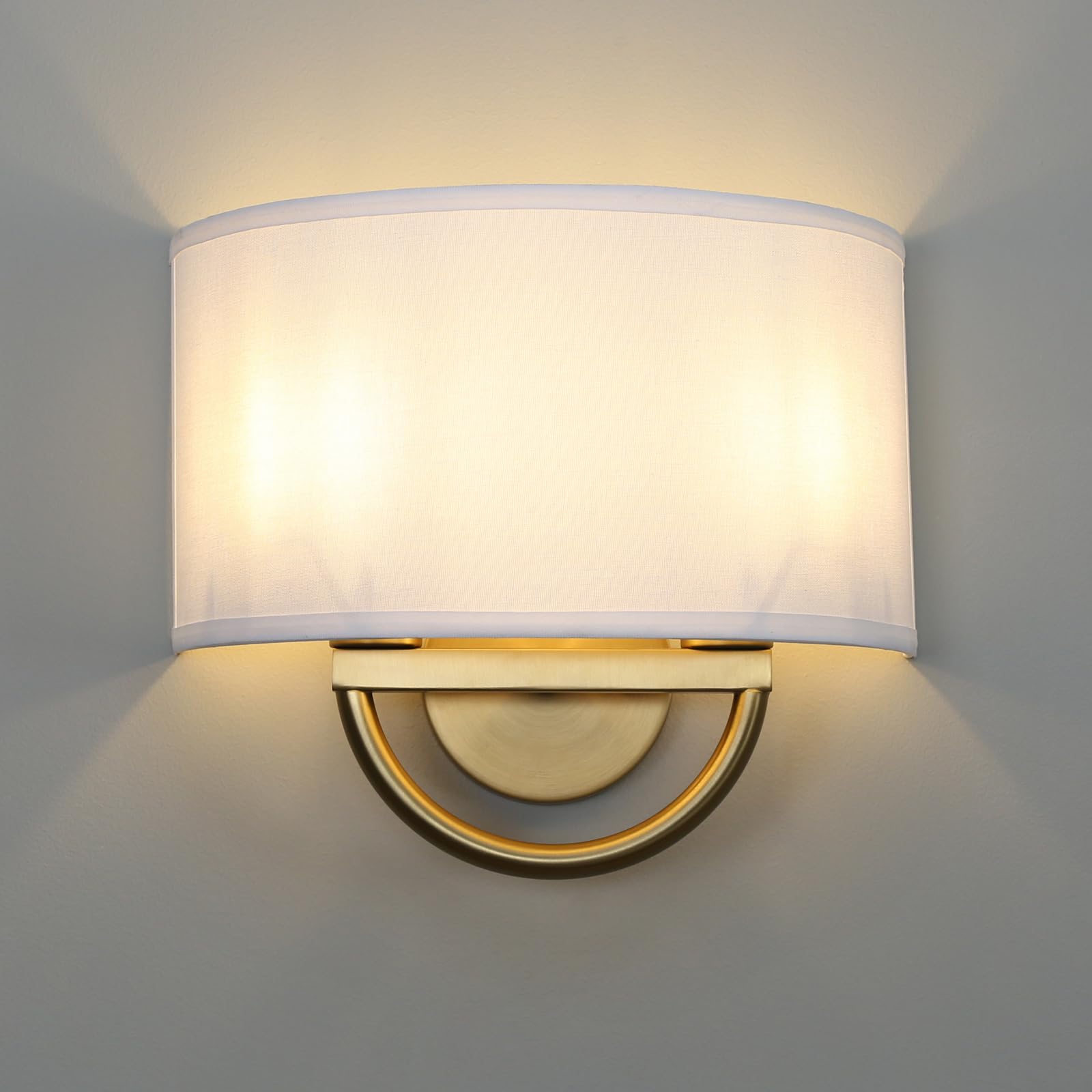 Yosoan White Fabric Cloth Boho Aged Brass Gold Wall Sconce Stairwell Fixture Light, 2-Light Dual Indoor Hardwired Vanity Vintage Wall Mount Lamp Antique Metal Base Semicircle Shade Lamp for Hallway