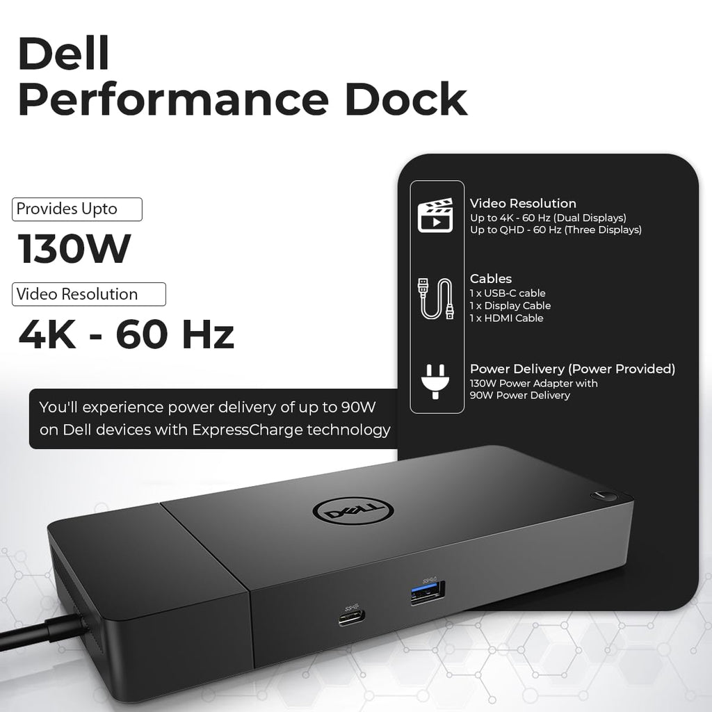 Dell WD19S Docking Station 130W (90W Power Delivery) - Dell Docking Station Dual Monitor for Laptop with 130W Power Adapter + Anyhdd HDMI Cable + DisplayPort Cable + USB-C Cable + Microfiber Cloth