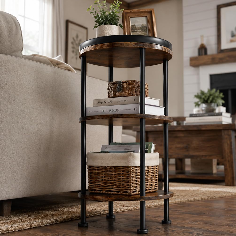 Small Round Side Table with Charging Station for Small Spaces, 3-Tier Accent Table with USB Ports & Power Outlets, Sofa Corner Tea Table for Living Room Nightstand Bedroom Apartment (Black)