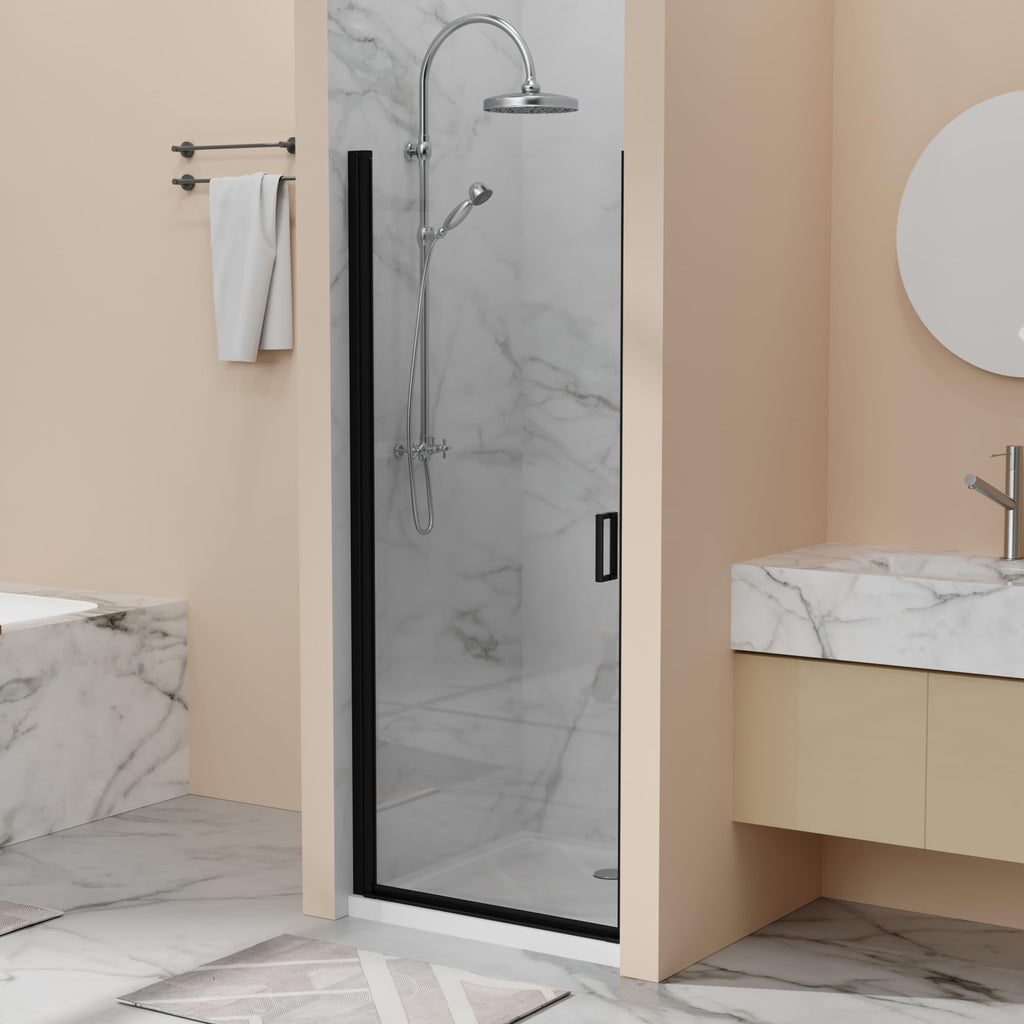 28” x 72” Pivot Shower Door, 1/4 inch Tempered Glass Panel Pivot Swing Shower Door in Matte Black Finish, Semi-Frameless Design