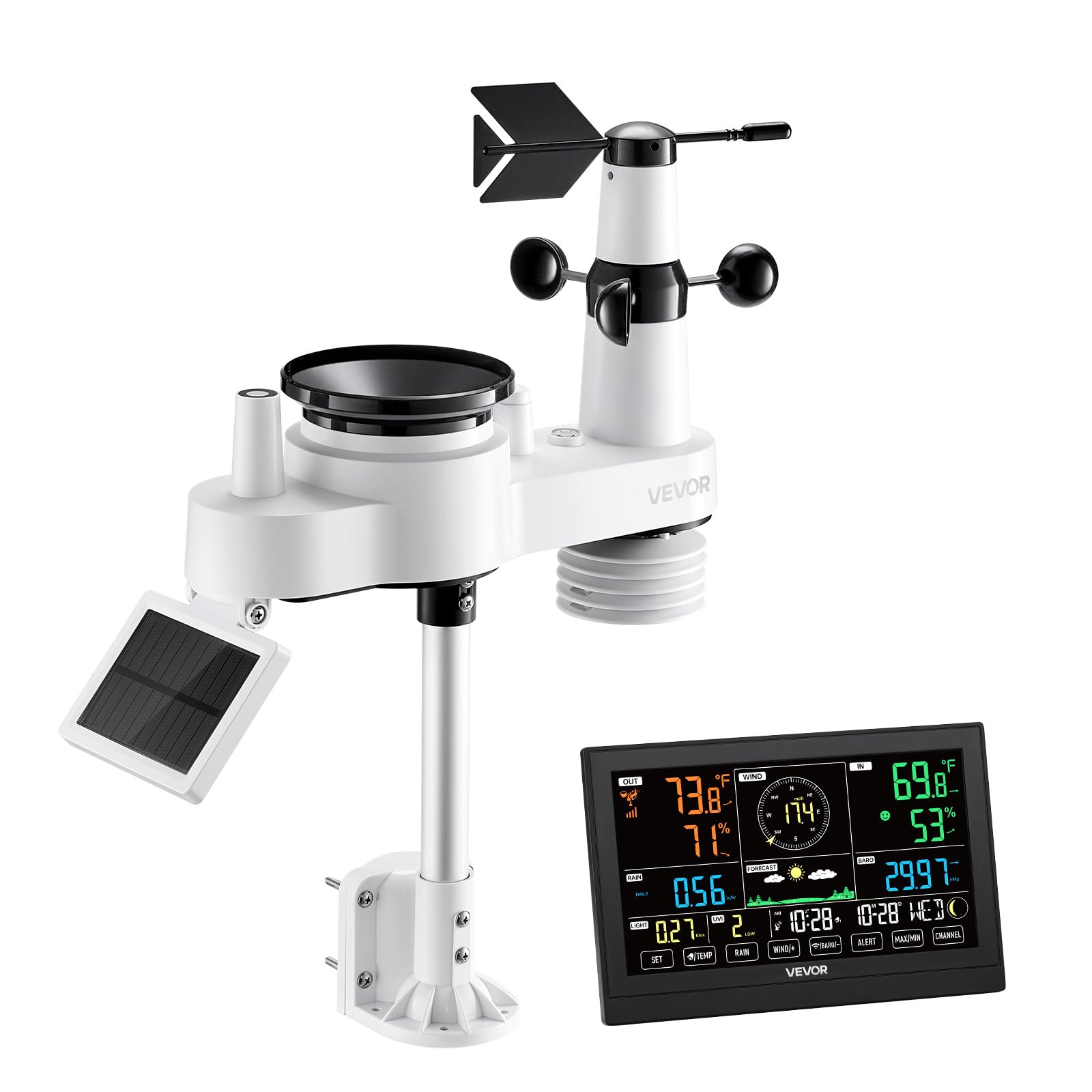 VEVOR 5-in-1 Wireless Weather Station, 7.5-Inch VA Display, Solar Powered Outdoor Sensor, Rain Gauge, Indoor Outdoor for Weather Forecast, Temperature, Humidity, Wind Speed and Direction (No WiFi)