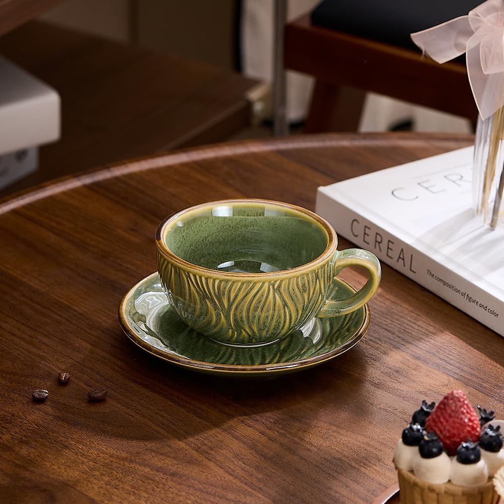Coffeezone Vintage Design 12 oz Ceramic Latte Art Cappuccino Barista Cup with Saucer (Beige)