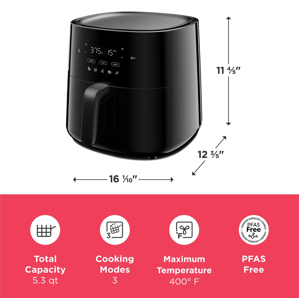 Frigidaire 3-in-1 Air Fryer, Large 5.3 QT Capacity, Digital Display, 3 Cooking Modes, 5 Recipe Presets, Automatic Shake Reminder, PFAS-Free Cooking Surfaces, Black