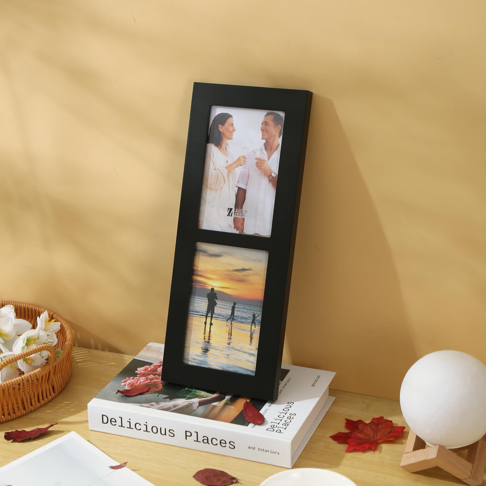 4x6 2-Opening Collage Frame Black Wood | Two 4x6 openings, shatter-resistant glass, tabletop & wall mount