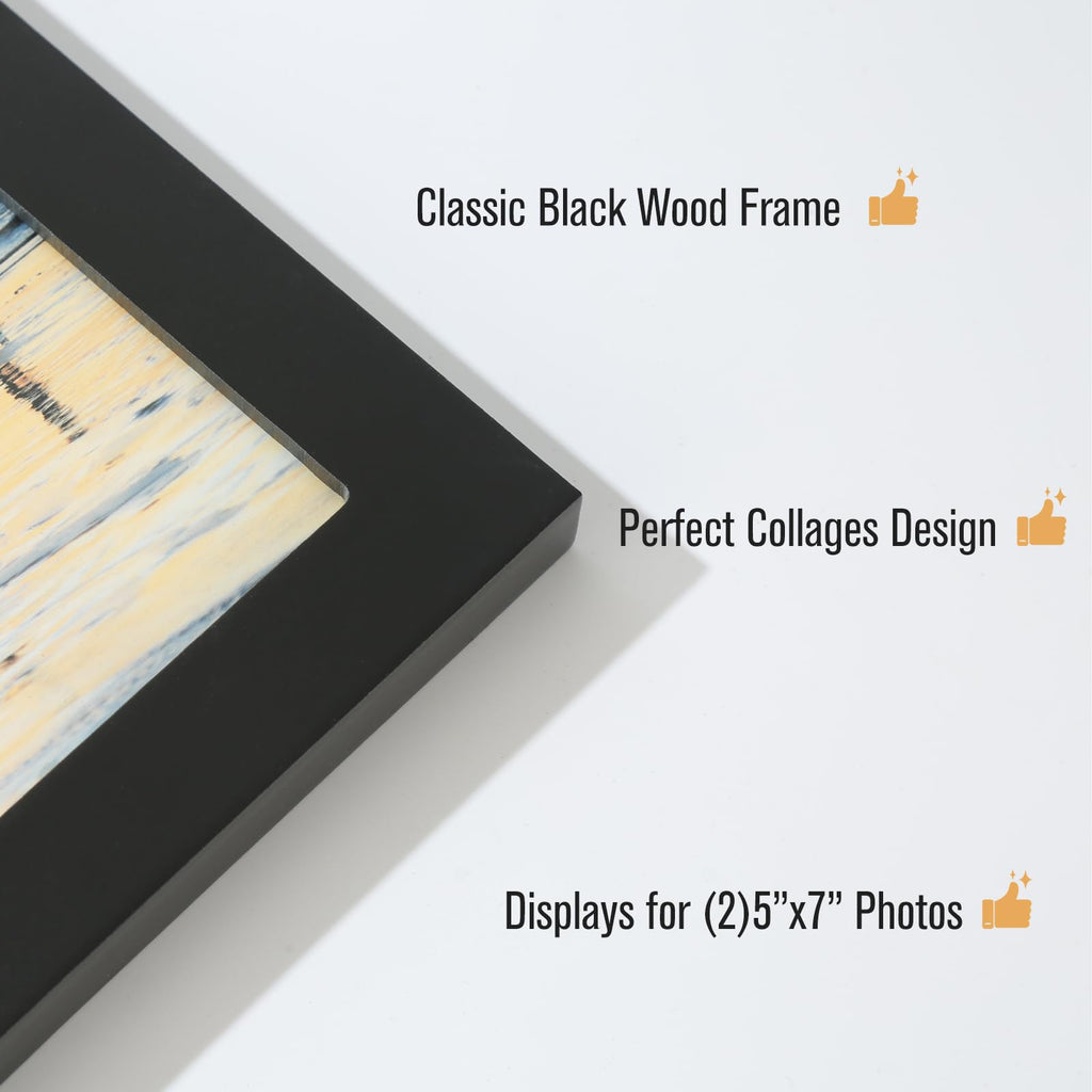4x6 2-Opening Collage Frame Black Wood | Two 4x6 openings, shatter-resistant glass, tabletop & wall mount