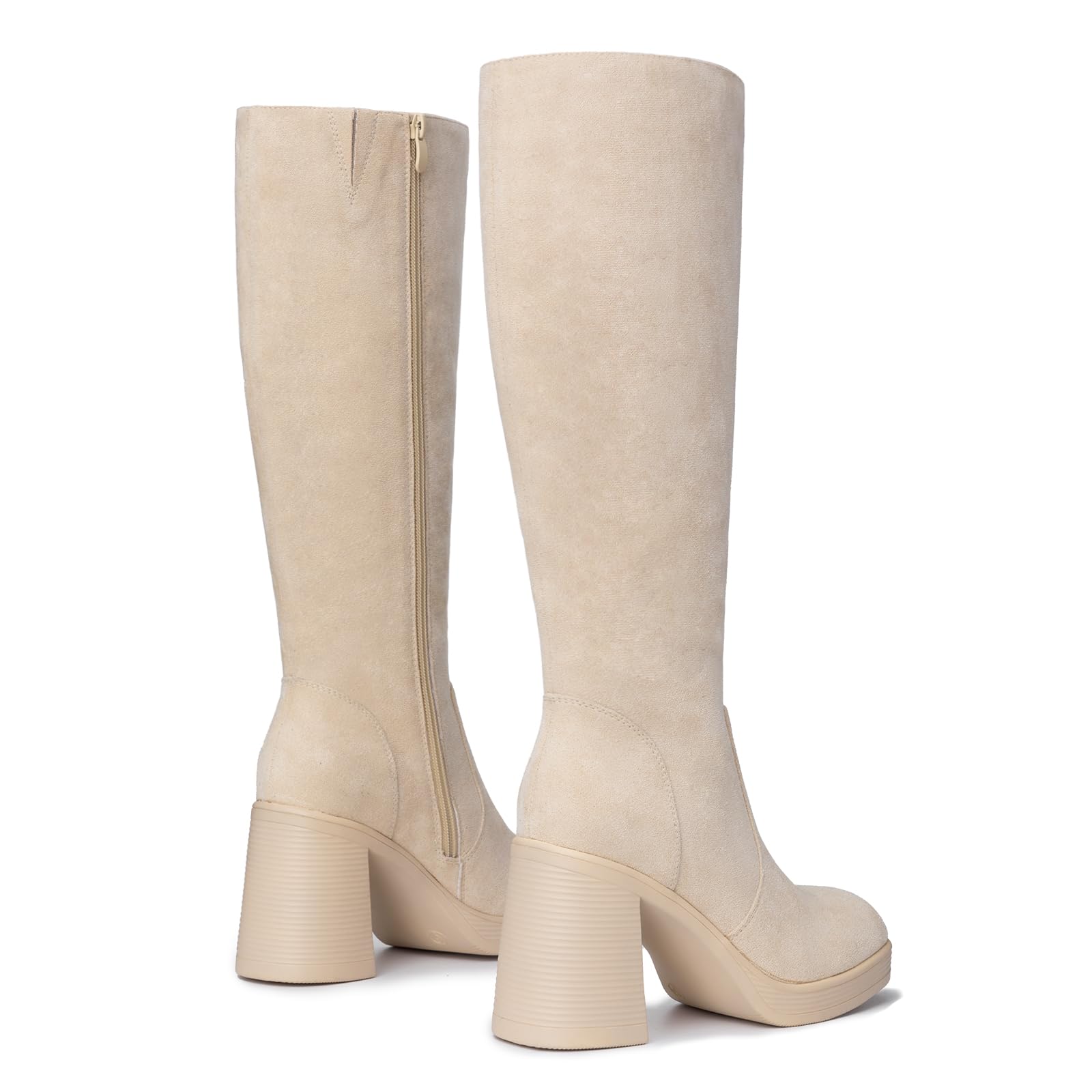 Athlefit Black Knee High Boots for Women Platform Tall Boots Fashion Square Toe Chunky Heeled Booties