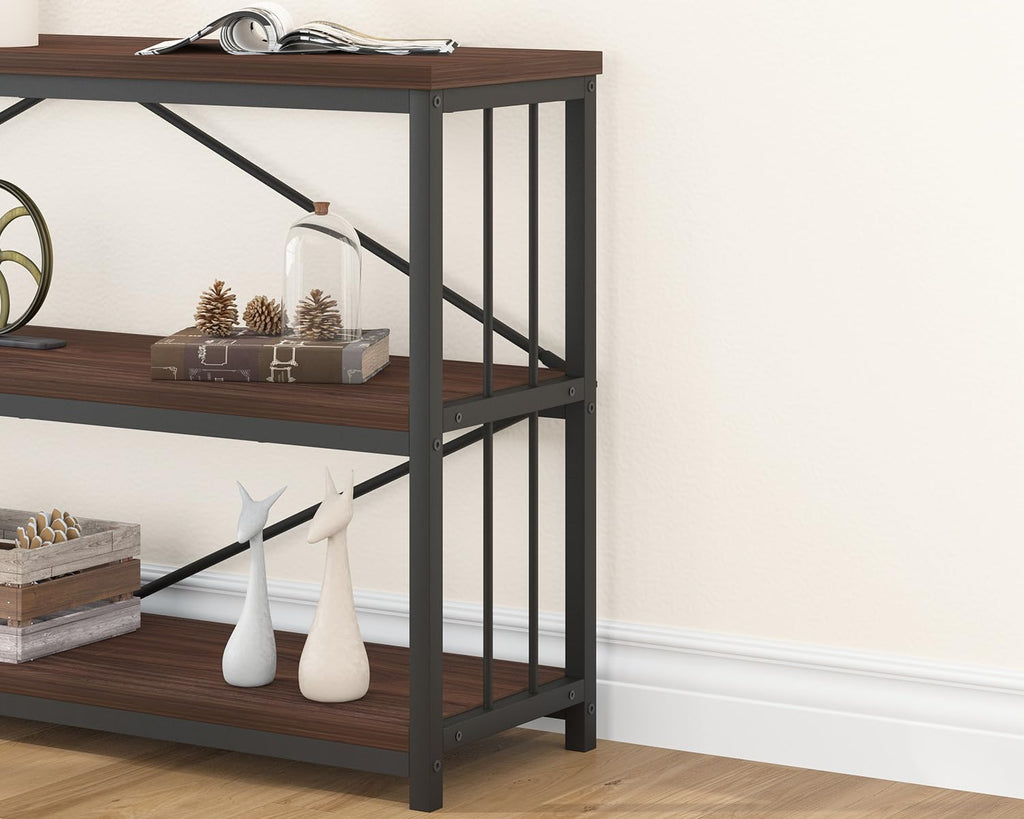 LVB Black Console Table, Modern Entryway Table for Hallway Living Room, Industrial Sofa Table Behind Couch, Farmhouse Wooden Metal Entry Table for Foyer with 3-Tier Storage Shelves, Black Oak, 55 Inch