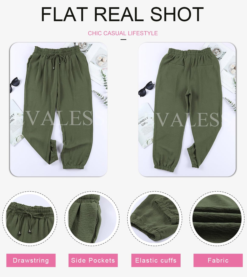 EVALESS Womens 2026 Summer Casual Pants Drawstring Elastic High Waisted Work Trousers Joggers Trendy Harem Pants with Pockets