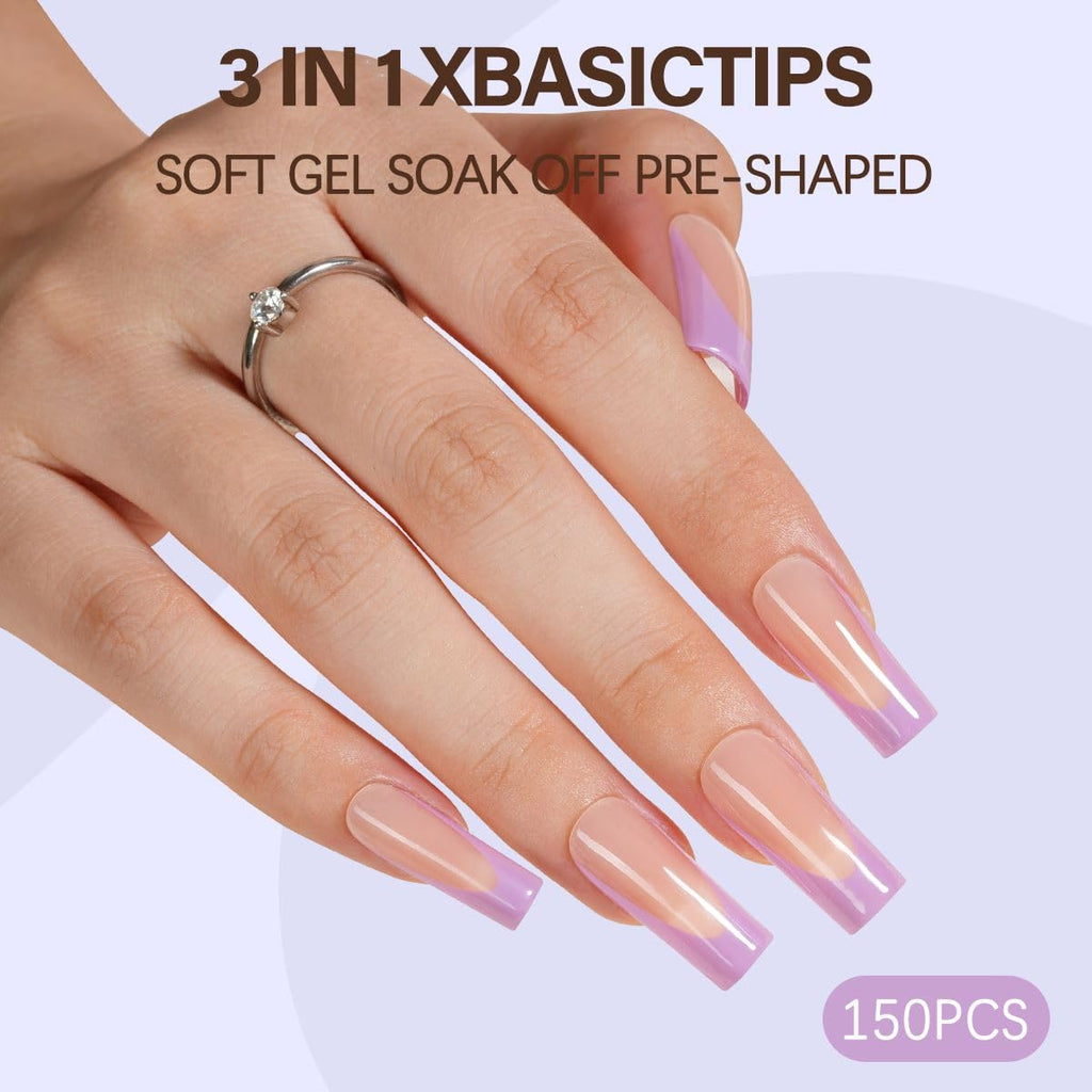 Misssix XBASICTIPS French Tip Press On Nails, 300Pcs French Gel Nail Tips Long Square, Soft Gel Pre-shaped No Need to File 3 in 1 Tips, Fake Nails for Nail Art DIY Extension Designs 15 Sizes