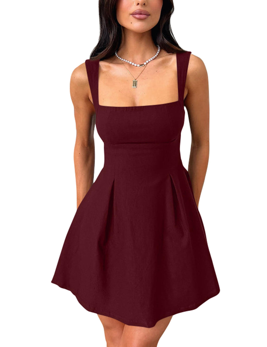 YMDUCH Women's Sexy Sleeveless Square Neck Adjustable Straps Bow Tie A-line Mini Party Club Dress