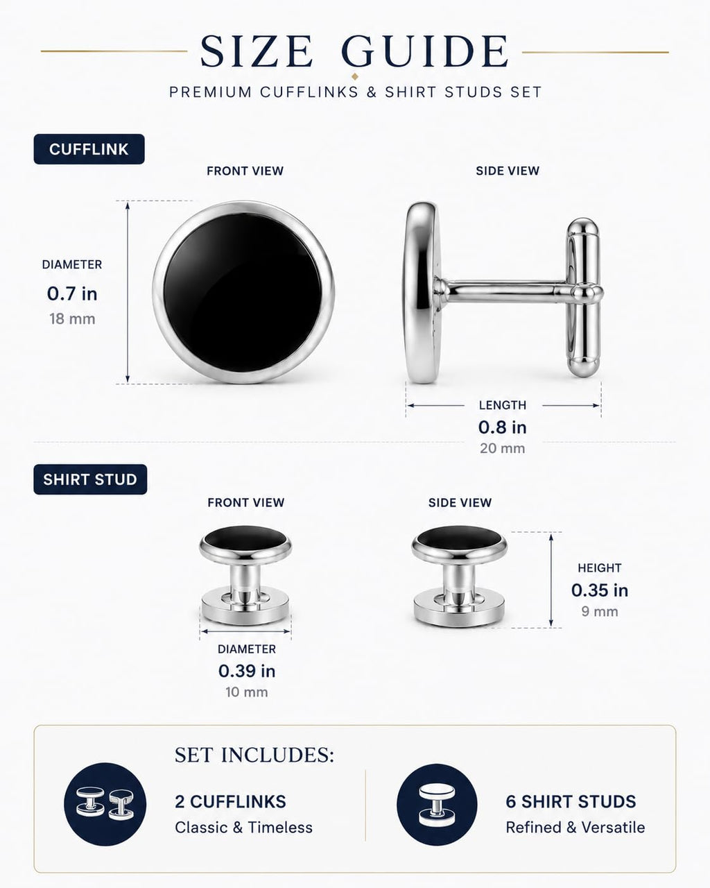 Men's Cufflinks & Tuxedo Studs Set - 316L Stainless Steel Formal Wedding Jewelry, Groomsmen Gift Set with Gift Box