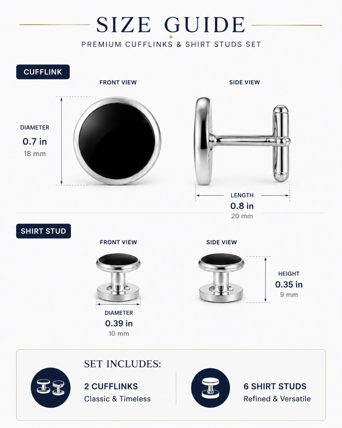 Men's Cufflinks & Tuxedo Studs Set - 316L Stainless Steel Formal Wedding Jewelry, Groomsmen Gift Set with Gift Box