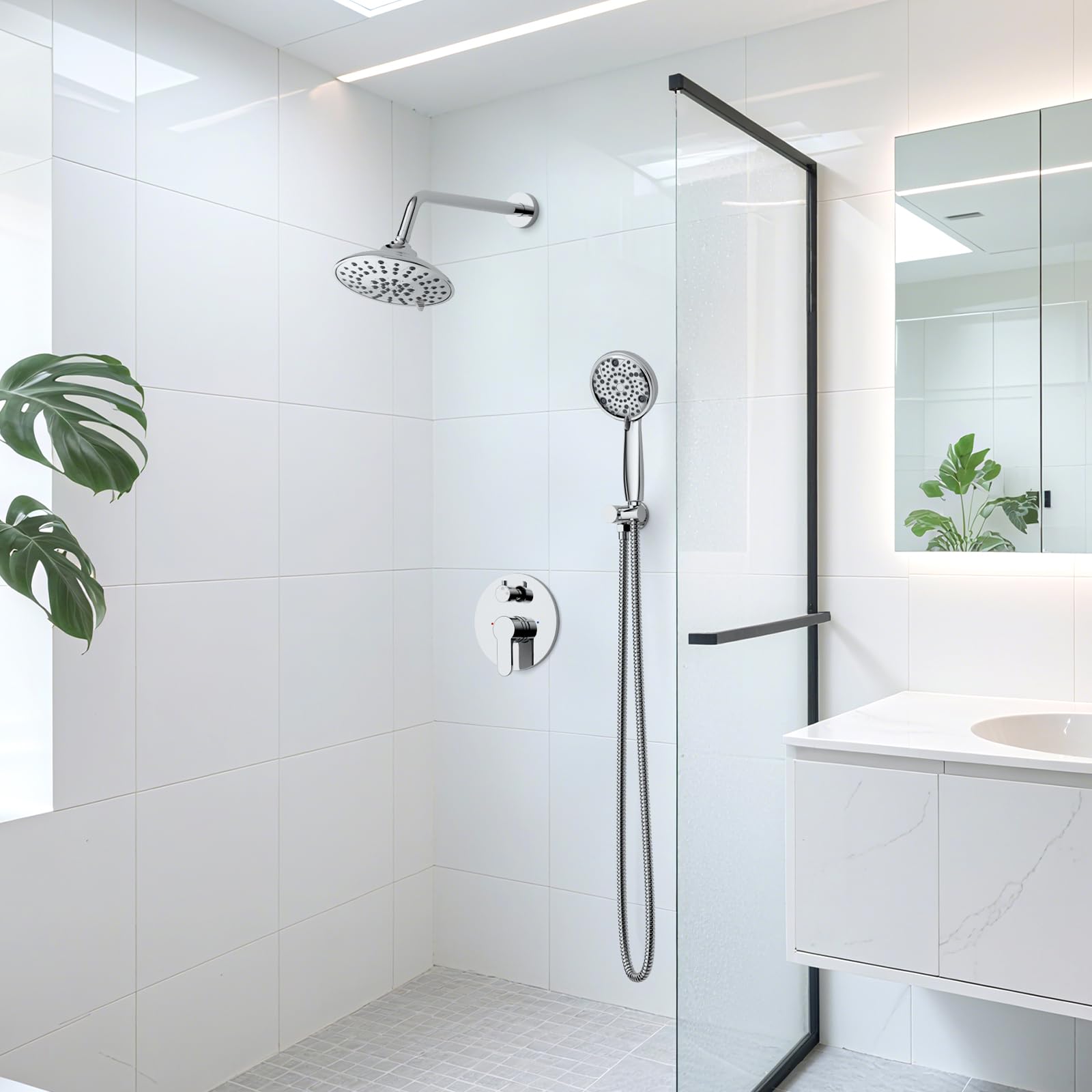EMBATHER Shower Faucets Sets Complete, with 3 Setting High Pressure Shower Head Combo, Bathroom Wall Mounted Rainfall Shower System Fixtures with 8-Mode Handheld Spray, Brushed Nickel