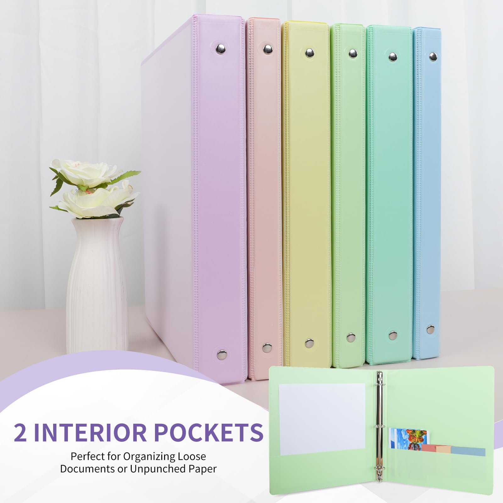 0.5 inch 3-Ring Binder, 1/2 inch Round Ring Binder with 2 Inside Pockets, Clear View Cover Binders Holds 8.5'' x 11''Paper，PVC Free, Pastel Color Binders for Office/Home/School Supply, 6 Pack