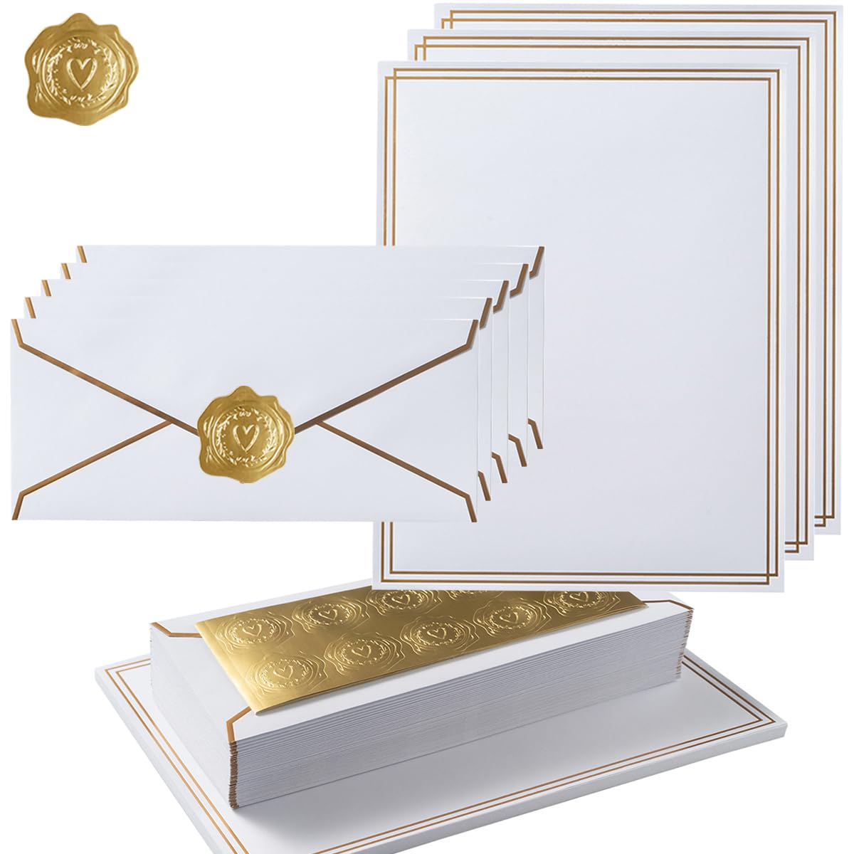 50 Pack Stationery Set with Envelopes, Cream Color, 8.5x11 Inches | Gold Border, #10 Business Envelopes and 8.5x11 Paper Sheets, Stickers for Letter Writing, Invitations